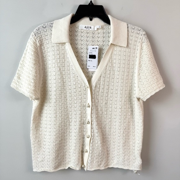 ASTR The Label Pearl Button Pointelle Polo Sweater Off White‎ XL - Picture 3 of 8